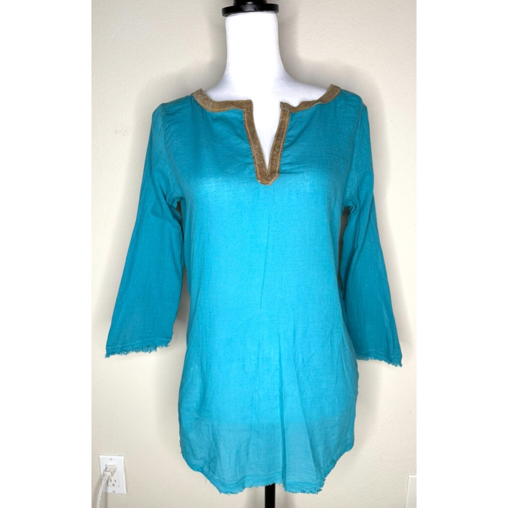 Anthropologie Of Two Minds Y2K Equestrian Leather Blue Tunic Boho V Neck Medium